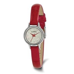 Ladies Chisel Stainless Steel Red Leather Strap Wrist Watch, 7.25 inch Length